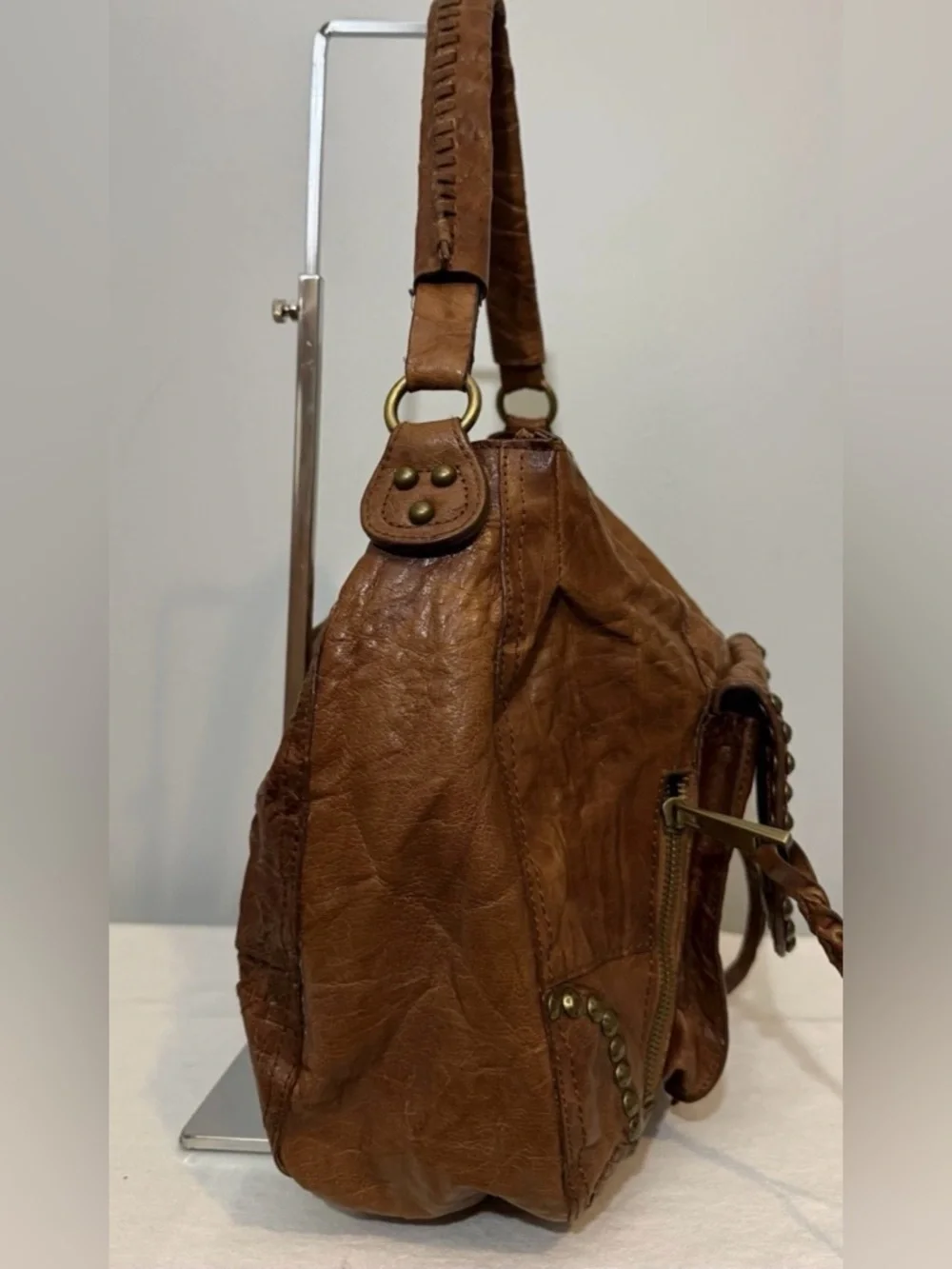 Sam Edelman Tumbled Leather Hobo Shoulder Bag Brown Y2K